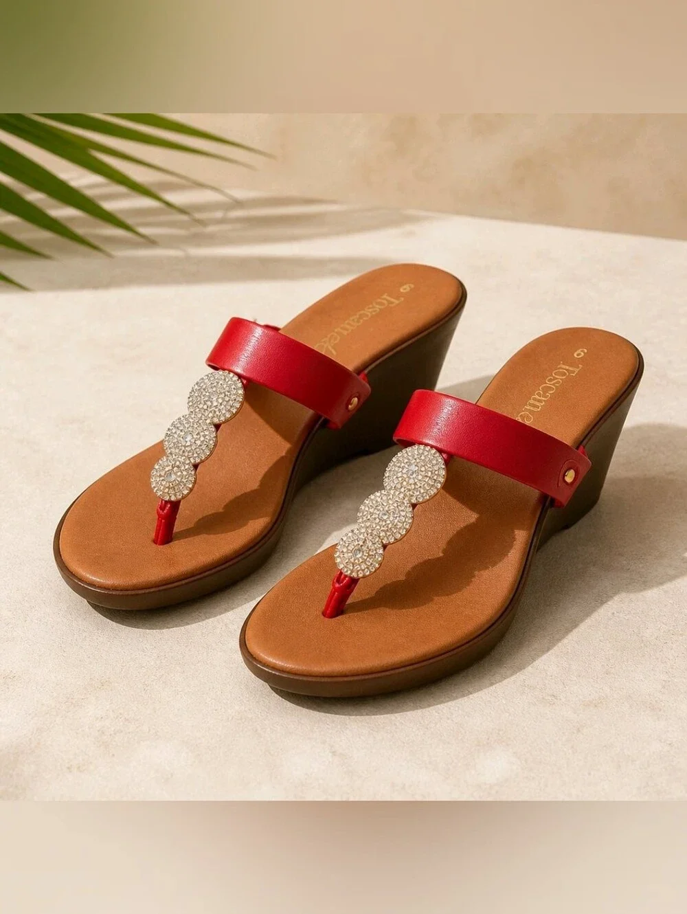 Crystal-Embellished Red Wedge Thong Sandals Made in Italy #719